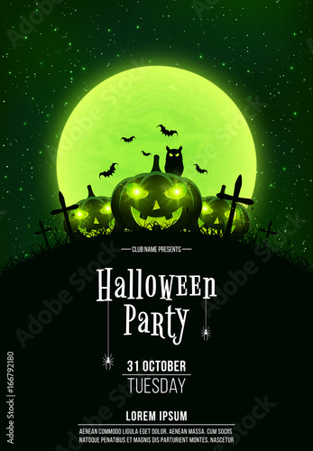 Template for Halloween party. A terrible concept of crosses, graves and glowing pumpkins. Green dust. The black owl. Full moon. Vertical background. Club poster