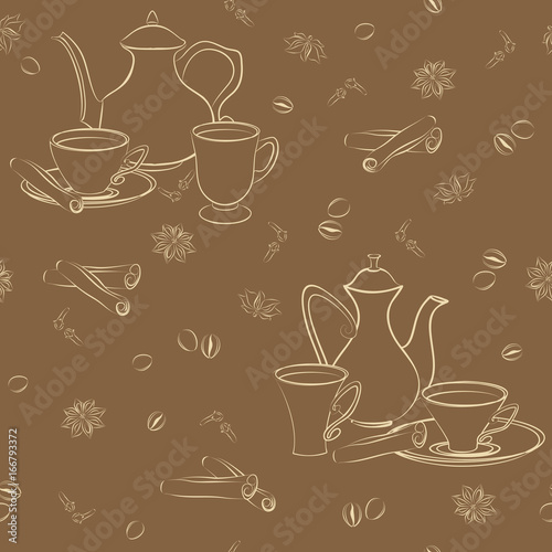 Seamless pattern with coffee pot, cups, cinnamon, coffee beans, anise and cloves. © legon