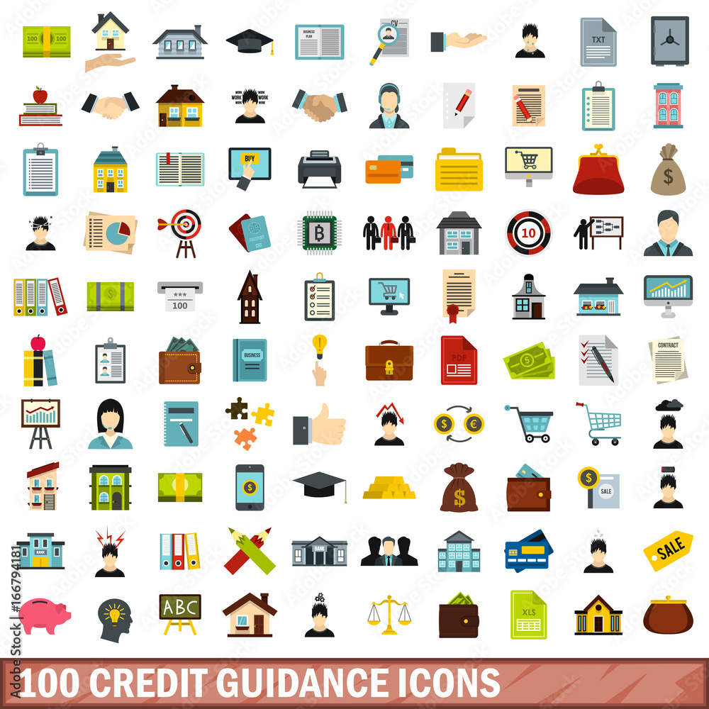 100 credit guidance icons set, flat style 100 credit guidance icons set, flat style