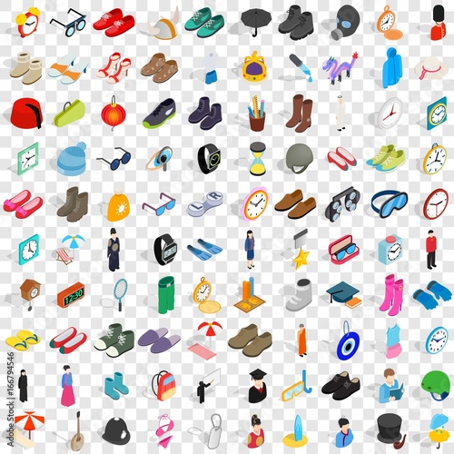 100 accessories icons set, isometric 3d style
