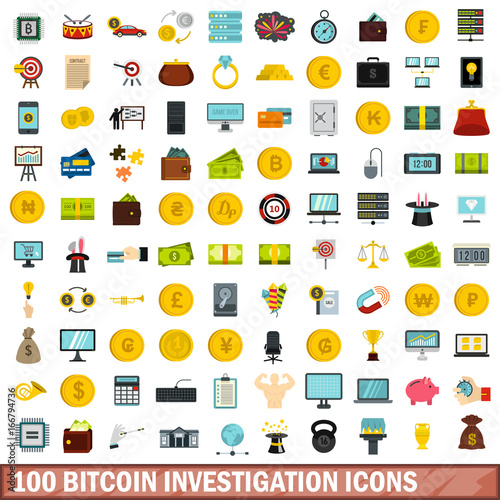 100 bitcoin investigation icons set, flat style