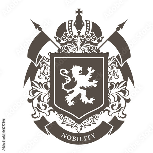 Fotografia, Obraz Royal blazon - luxurious coat of arms with lion on shield and crown