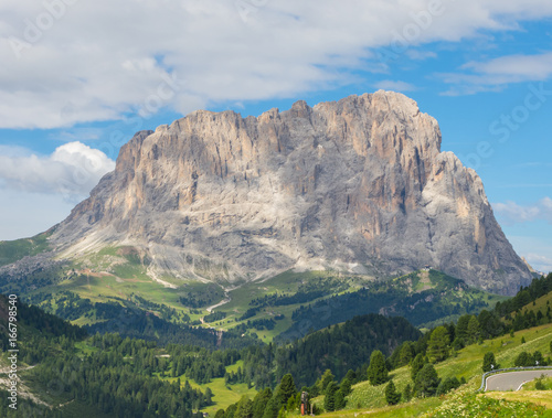 Landscape of the Sassolungo mountain from the Val Gardena pass, Sud Tirol, Italy
