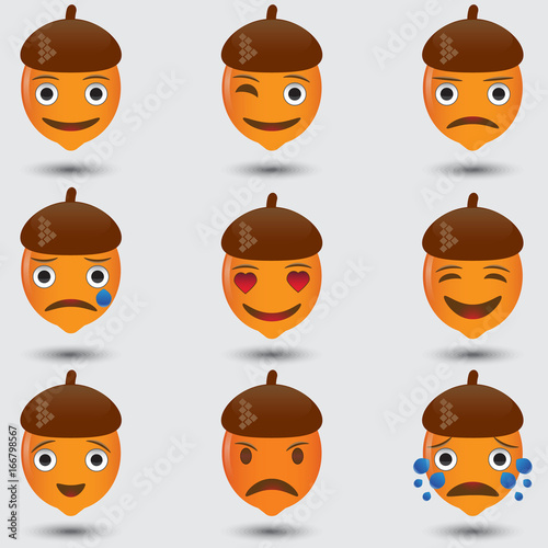 Illustration of emoji smiley icon on theme of autumn holiday. Autumn Smileys. Oak acorn
