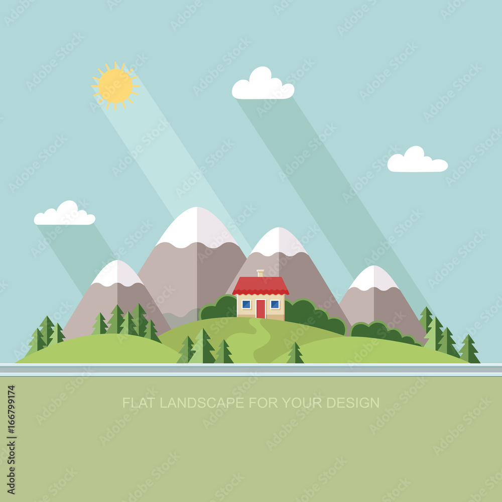 Beautiful rural landscape with houses and mountain views. The village road to the garden, field. Spring Summer Autumn. Flat design style vector illustration.