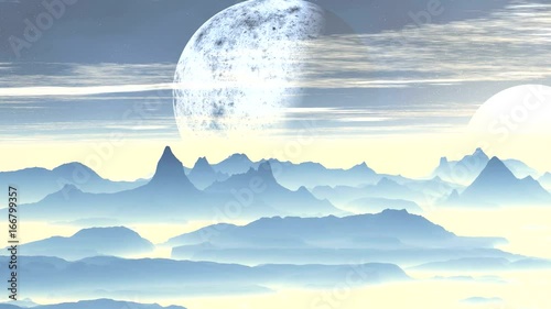 Alien Foggy Planet. Above the mountains, covered with a white luminous mist, a large planet (moon) slowly rotates. Above the horizon is a bright white sun. White clouds are slowly floating.