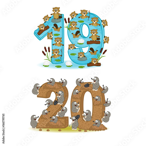 set of numbers with number of animals from 19 to 20 - vector illustration, eps