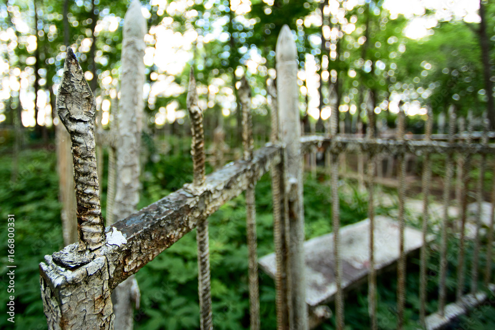 Metal fence in the cemetery selective focus Metal fence in the cemetery selective focus