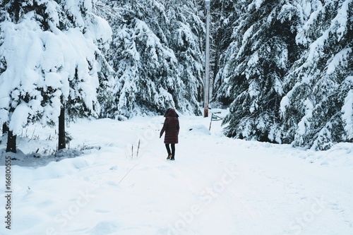 Woman lost in the woods in the snow