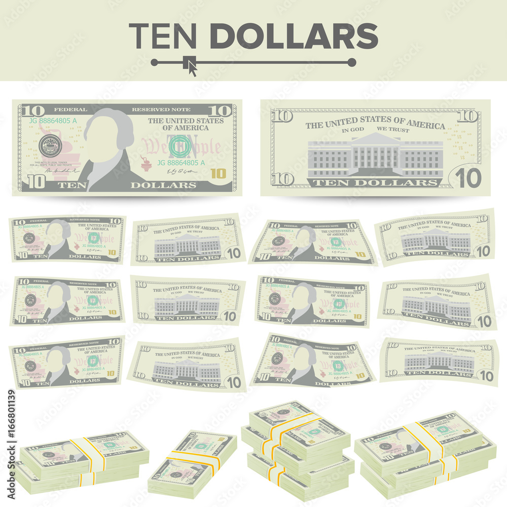 10 Dollars Banknote Vector. Cartoon US Currency. Two Sides Of Ten American Money Bill Isolated Illustration. Cash Symbol 10 Dollars Stacks