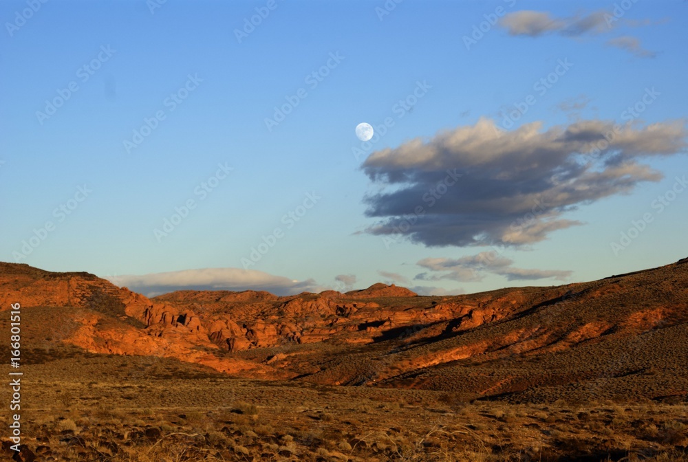 Moon Over the Desert Rocks at Sunset 