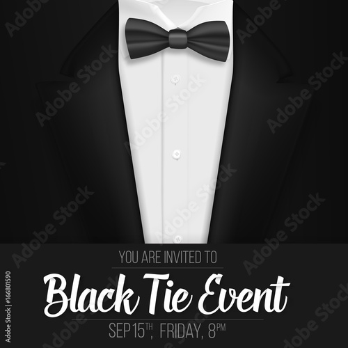 Illustration of Realistic Vector Black Suit. Black Tie Event Invitation Template. Vector Mens Suit with Bow Tie