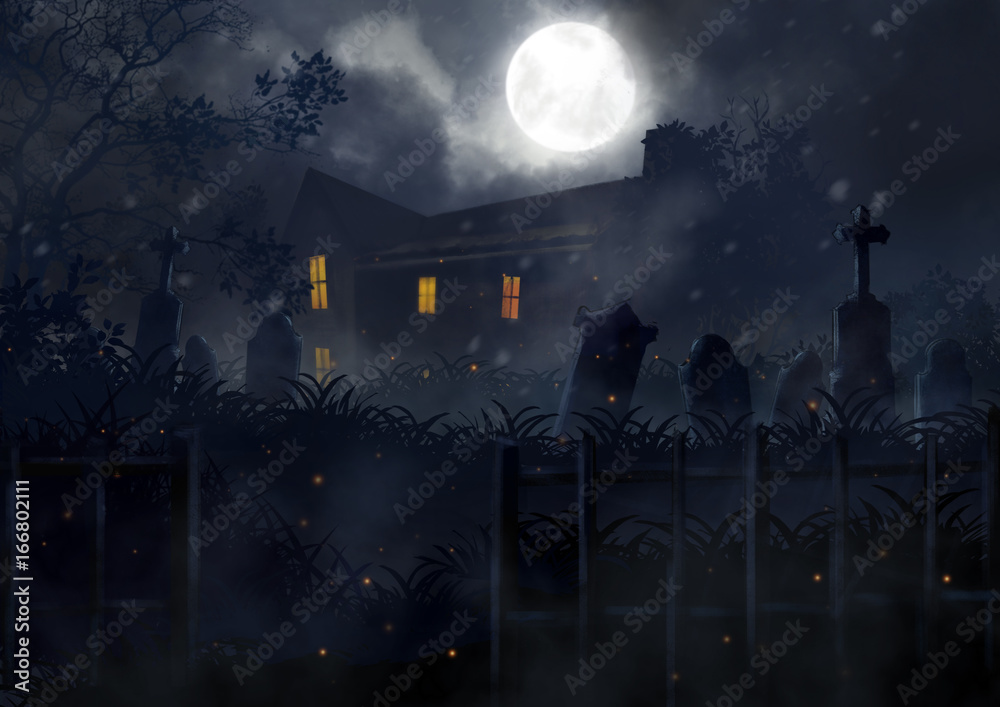 illustration horror,scarecrow, halloween night house ,dark fantasy painting.