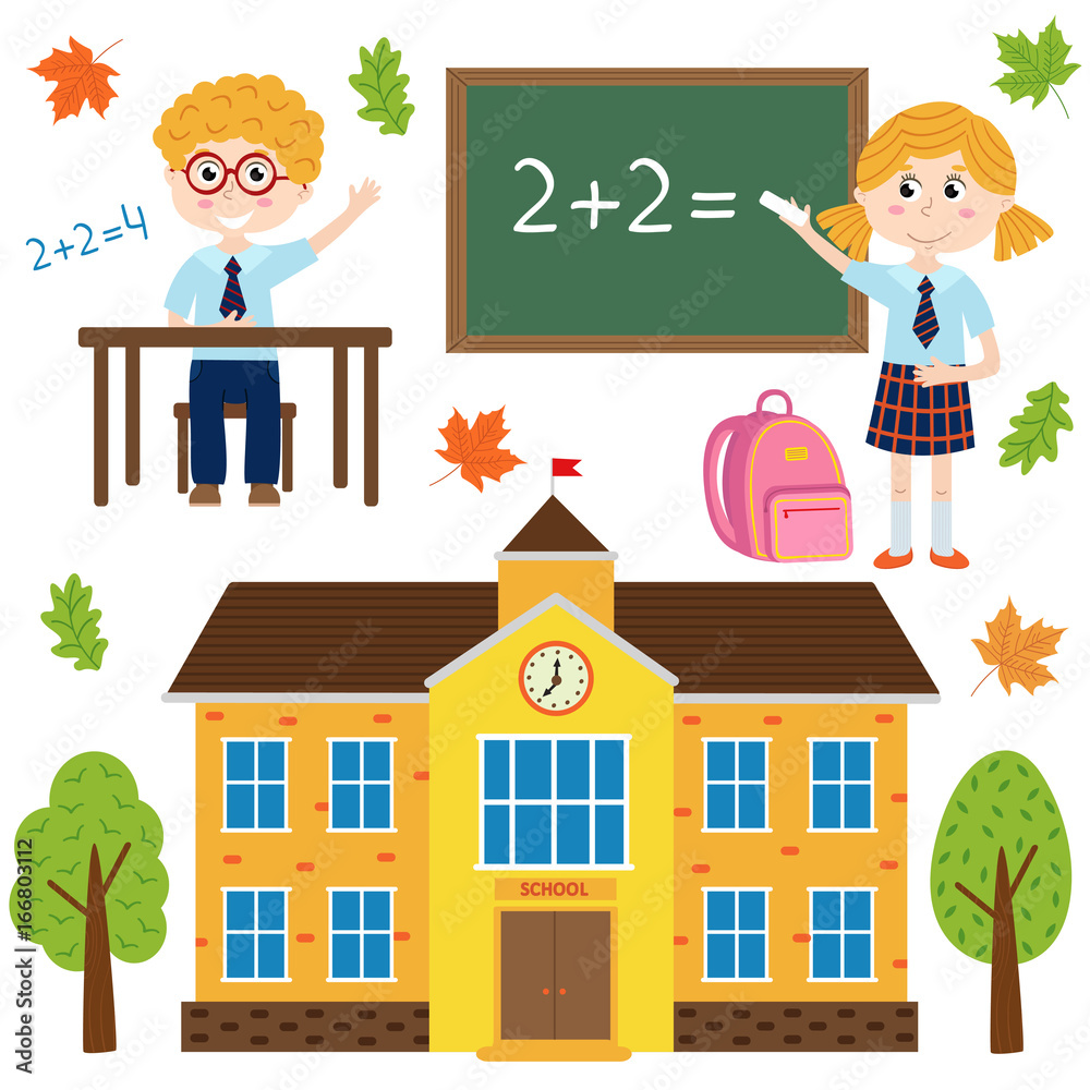 set of isolated building school and children - vector illustration, eps
