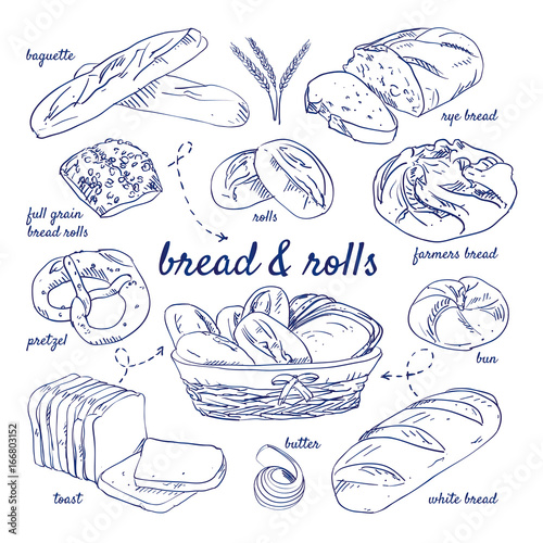 Doodle set of bread - baguette, rye, farmers, bun, white, butter, toast, pretzel, full grain, rolls, basket, hand-drawn. Vector sketch illustration isolated over white background.	
