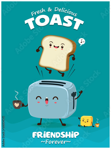 Vintage food poster design with bread, butter & toaster character.