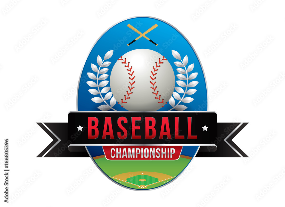 Vector of baseball championship badge design with field background and equipment. Vector of baseball championship badge design with field background and equipment.
