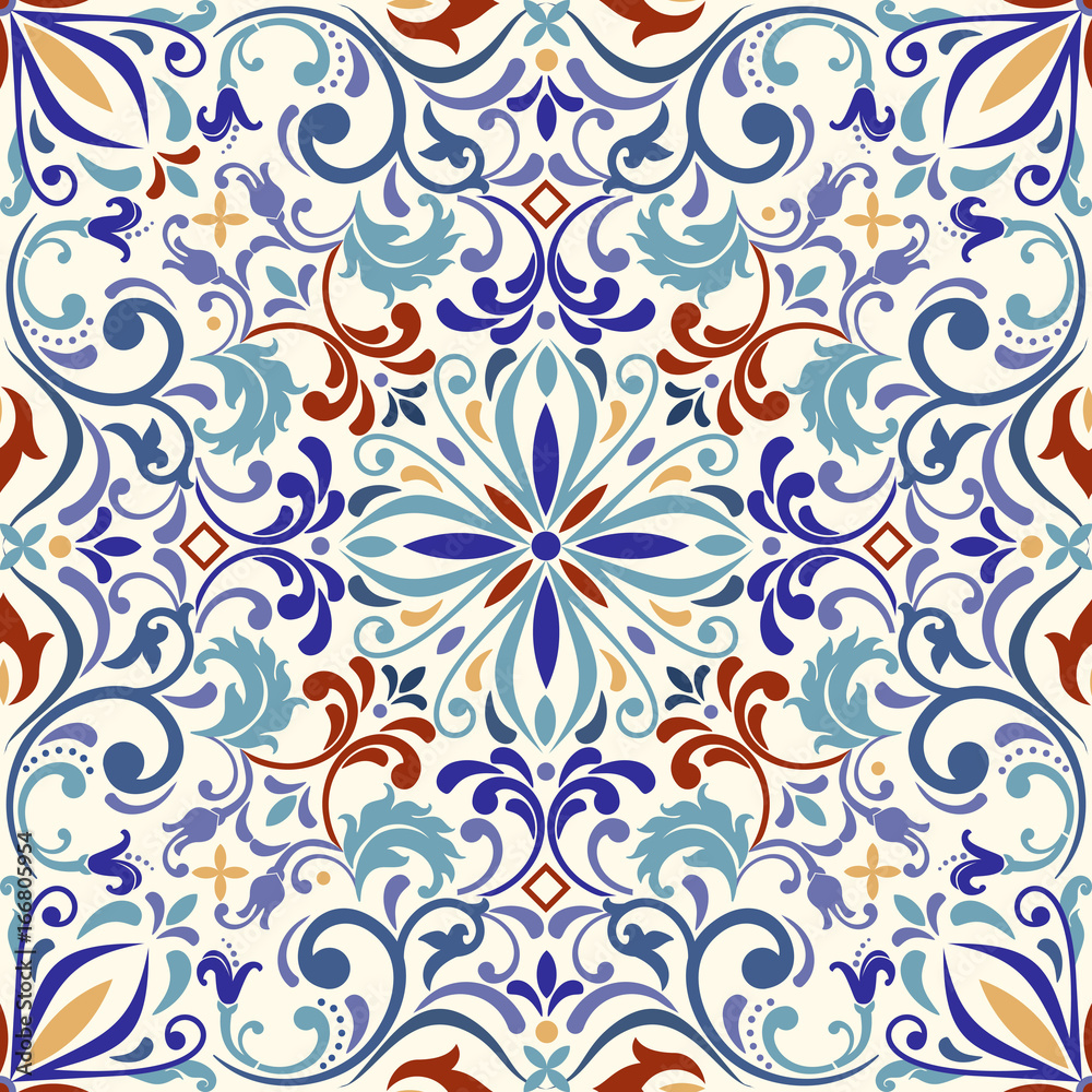Fototapeta premium Seamless asian ethnic floral retro doodle background pattern in vector. Islam, Arabic, Indian, ottoman motifs design tribal pattern. Zentangle circles for printing on fabric or paper