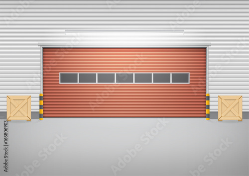 Roller door or roller shutter. Also called security door or security shutter. For protect residential, commercial and industrial building i.e. house, factory, warehouse, hangar. Vector illustration.