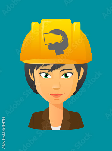 Worker avatar with   a female head wearing a virtual reality headset