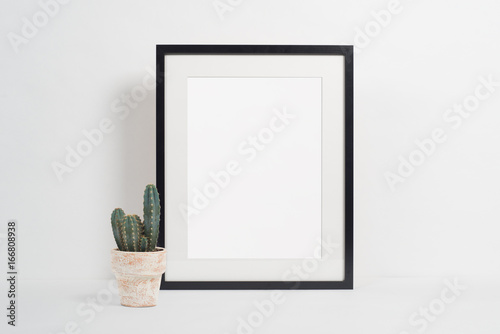 Black picture frame on white background with plant pot