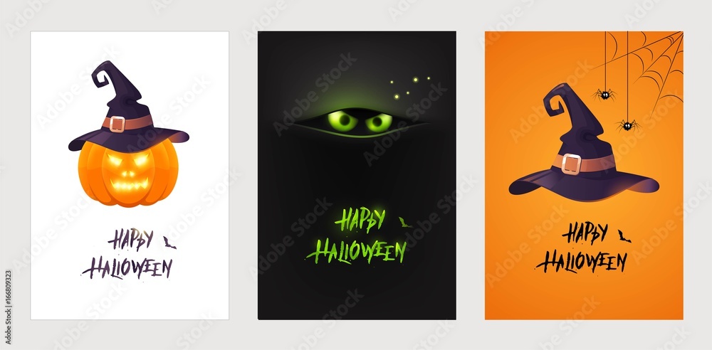 Halloween party invitation, greeting card, flyer, banner, poster templates. Traditional symbols, cute design elements, handwritten ink lettering. . Vector collection. Isolated.