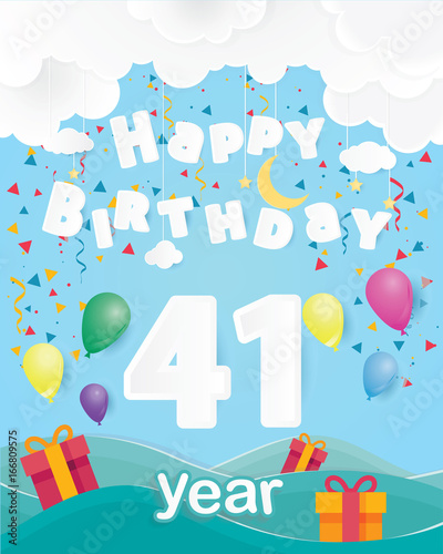 cool 41 st birthday celebration greeting card origami paper art design  birthday party poster background with clouds  balloon and gift box full color. forty one years anniversary celebrations