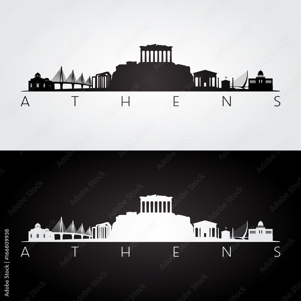 Naklejka premium Athens skyline and landmarks silhouette, black and white design, vector illustration.