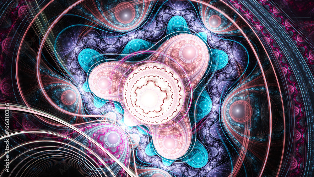 Obraz premium Complex pattern of curls. 3D surreal illustration. Sacred geometry. Mysterious psychedelic relaxation pattern. Fractal abstract texture. Digital artwork graphic astrology magic 