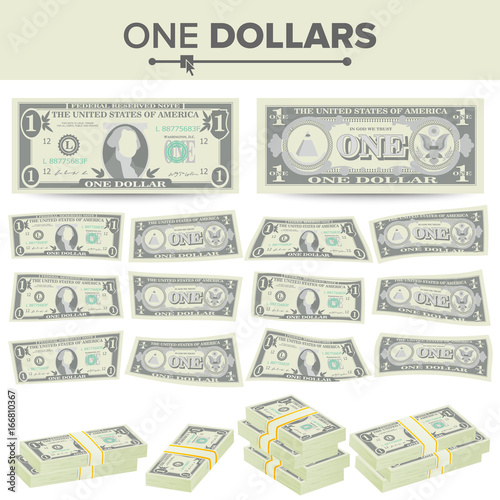 1 Dollar Banknote Vector. Cartoon US Currency. Two Sides Of One American Money Bill Isolated Illustration. Cash Symbol 1 Dollar Stacks