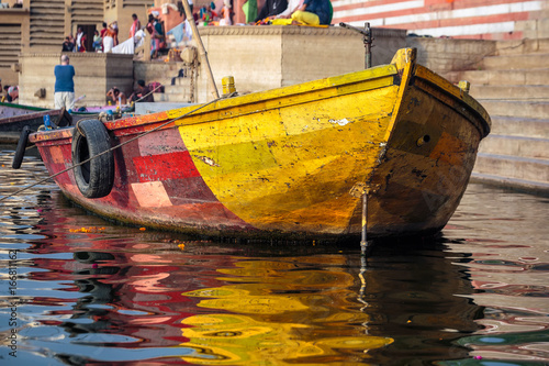 Colorful boats at Ganges river Varanasi  India.