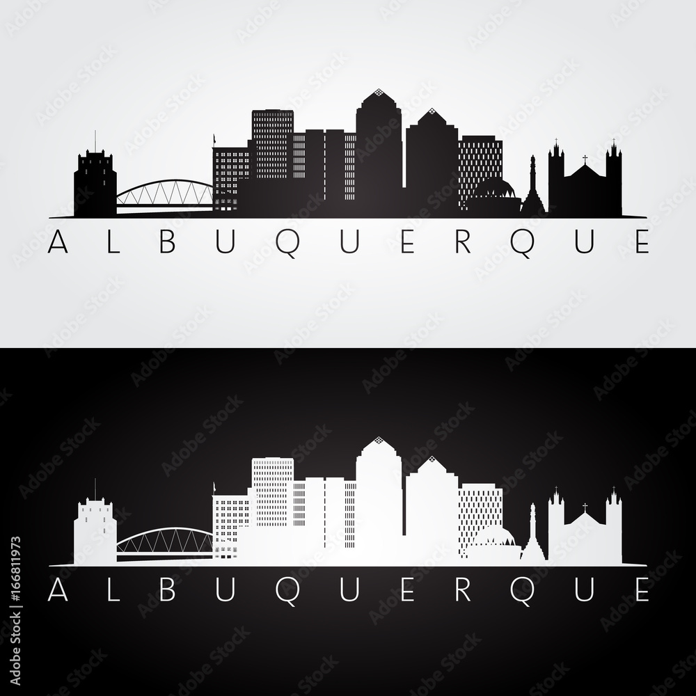 Albuquerque USA skyline and landmarks silhouette, black and white design, vector illustration.