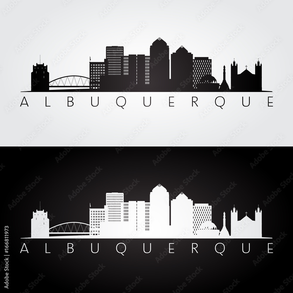 Naklejka premium Albuquerque USA skyline and landmarks silhouette, black and white design, vector illustration.