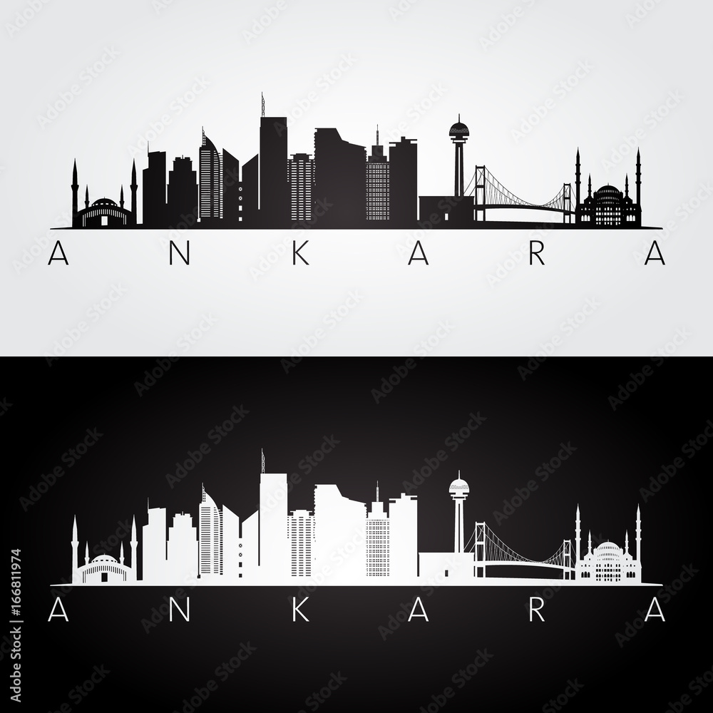 Ankara skyline and landmarks silhouette, black and white design, vector illustration.