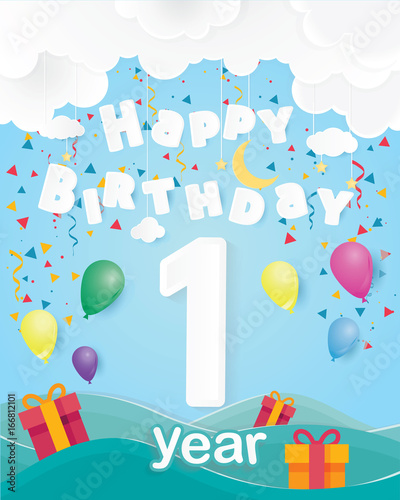 cool 1 st birthday celebration greeting card origami paper art design, birthday party poster background with clouds, balloon and gift box full color. one years anniversary celebrations