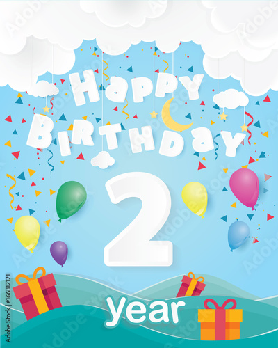 cool 2 nd birthday celebration greeting card origami paper art design, birthday party poster background with clouds, balloon and gift box full color. two years anniversary celebrations