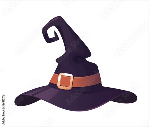 Vector illustration of a cartoon Halloween witch hat. Witch hat with buckle  isolated on white background. Design element for Halloween.