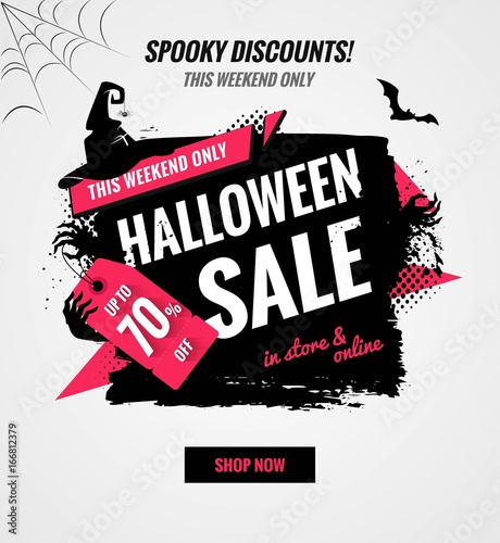 Halloween sale dynamic banner.Sale poster with brush strokes and holiday symbols.    Vector illustration.