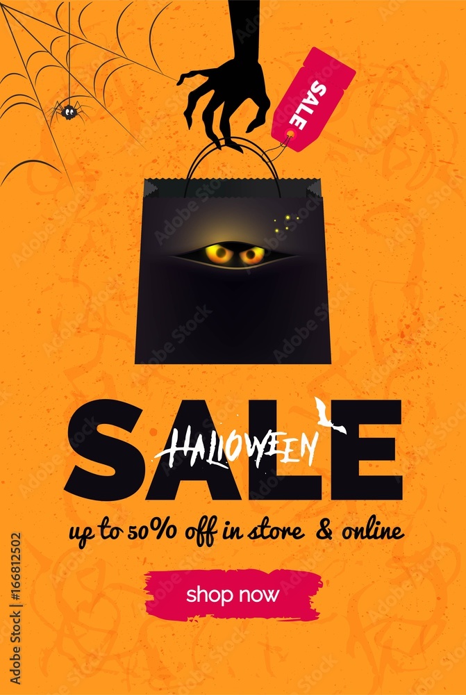 Halloween sale black and orange background. Halloween banner for online  shopping. Halloween poster design with halloween symbols and text. Vector  illustration. Stock Vector | Adobe Stock