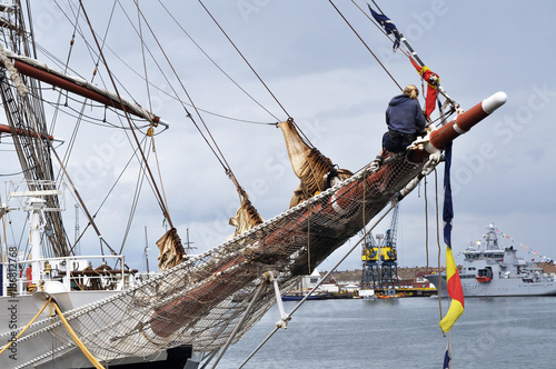 Bowsprit of tall ship with sailor, Hartlepool, England photo