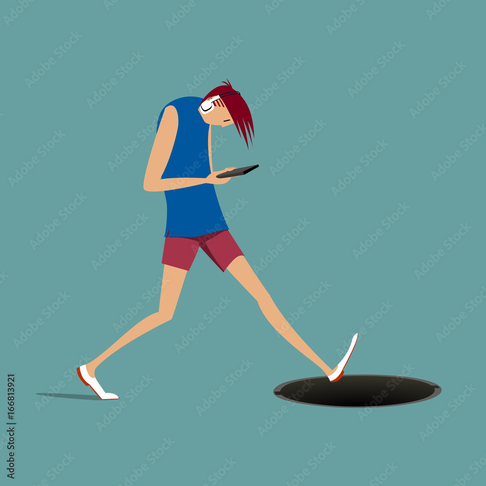 Young man with smartphone and headphones walking and will fall into the pit  Stock Vector | Adobe Stock