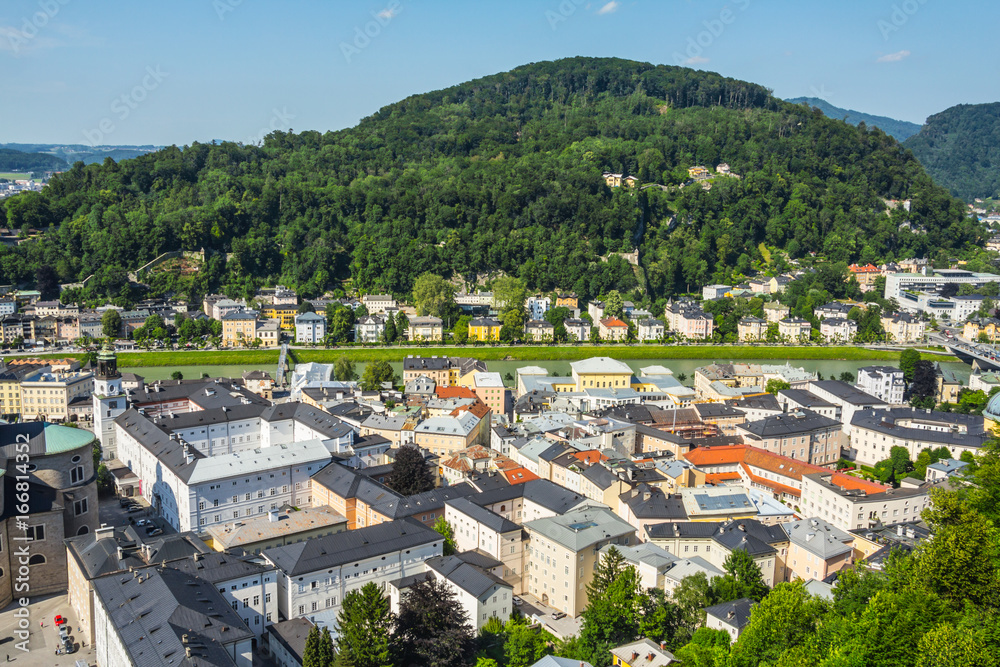 Fototapeta premium View of Salzburg from the Hohensalzburg Fortress, a famous tourist city in Austria