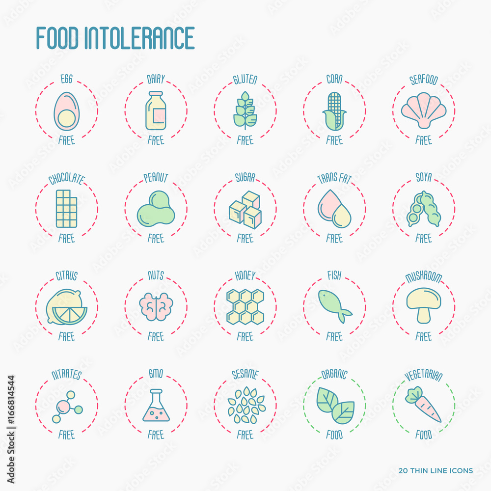 Set of ingredient warning label icons. Food intolerance. Common