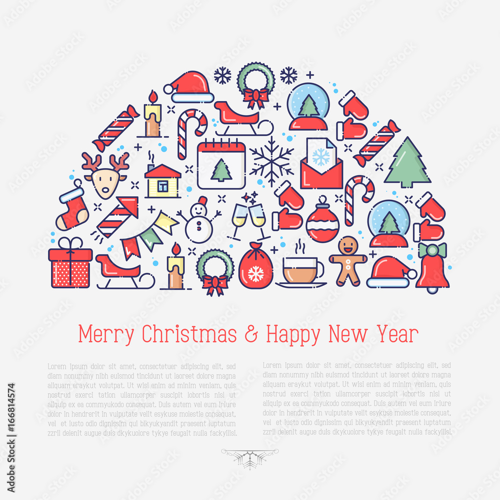 Fototapeta premium Christmas celebration concept in half circle with thin line New Year and Christmas symbols for web page, banner, invitation, greeting card, print media. Vector illustration.