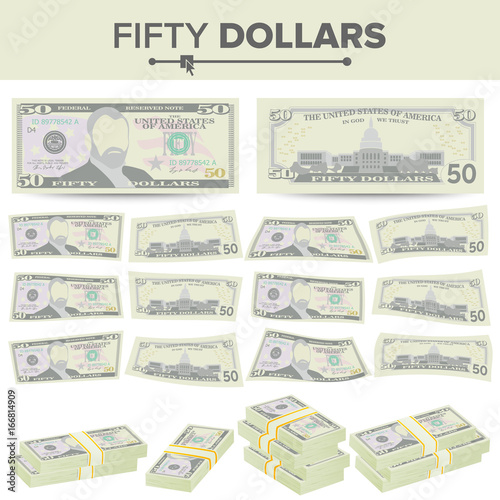 50 Dollars Banknote Vector. Cartoon US Currency. Two Sides Of Fifty American Money Bill Isolated Illustration. Cash Symbol 50 Dollars Stacks