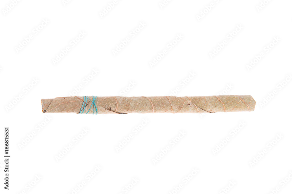 A cigarette bidi on a white background. A cigarette bidi on a white background.