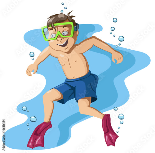 A boy in a mask and fins floats under the water. He smiles