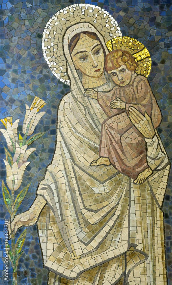 Mary with baby Jesus on her arm (mosaic)