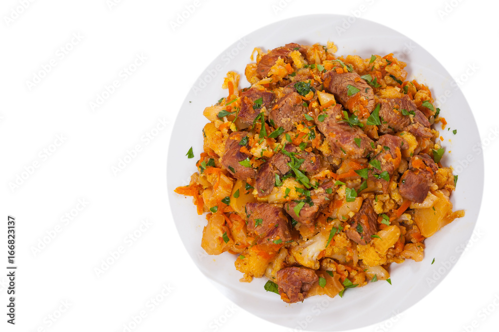 stew vegetables with meat. top view. isolated on white stew vegetables with meat. top view. isolated on white