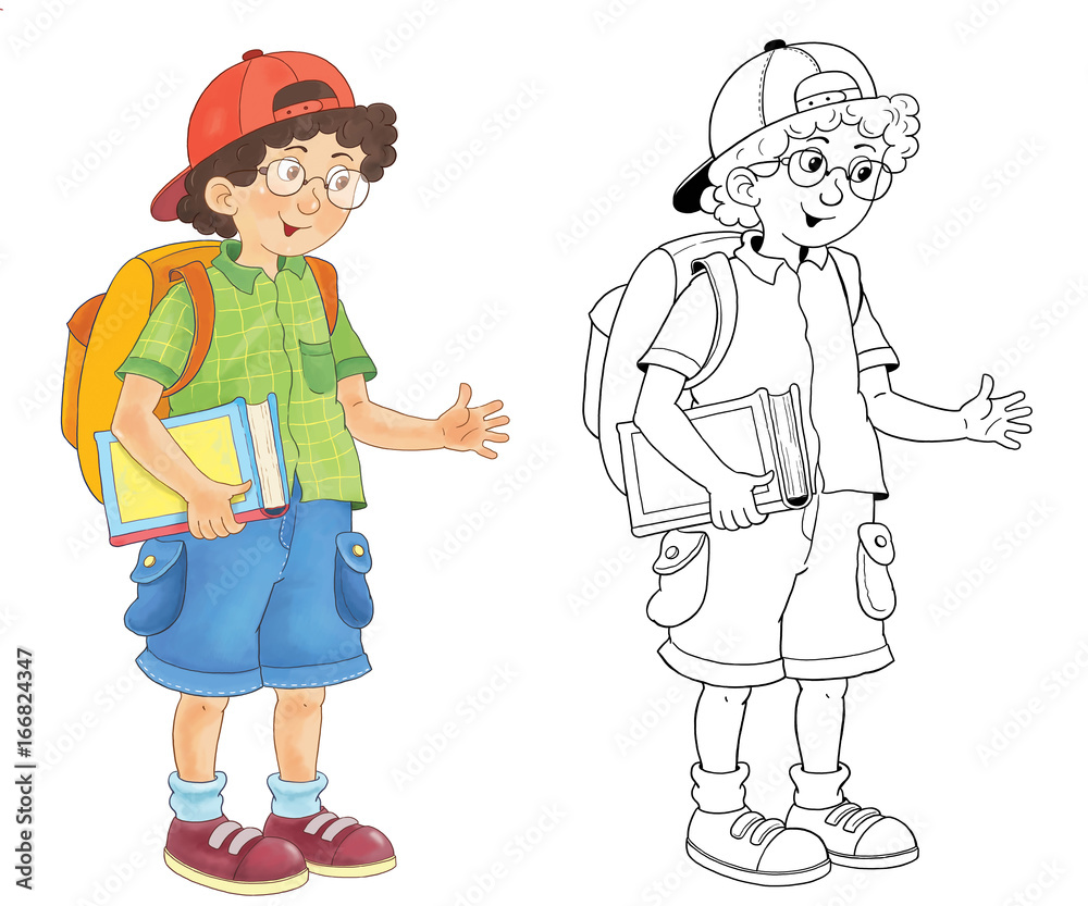 Back to school. Cute schoolchildren ready for school. Coloring page. Illustration for children Back to school. Cute schoolchildren ready for school. Coloring page. Illustration for children